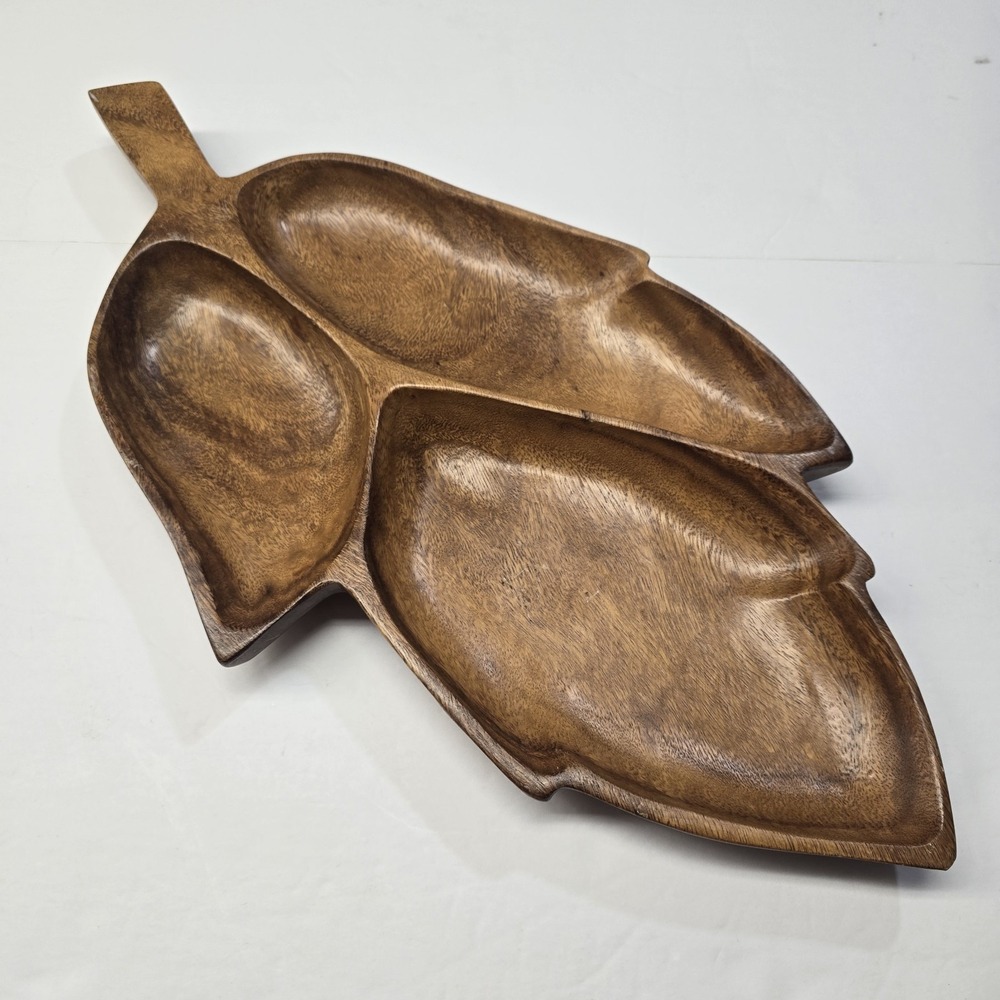Mid Century MCM Carved Mahogany Wood Divided Leaf Tray Platter 21.5" X 11" GUC